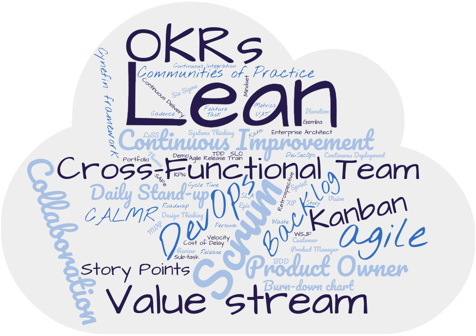 A wordcloud with many different agile and lean words.